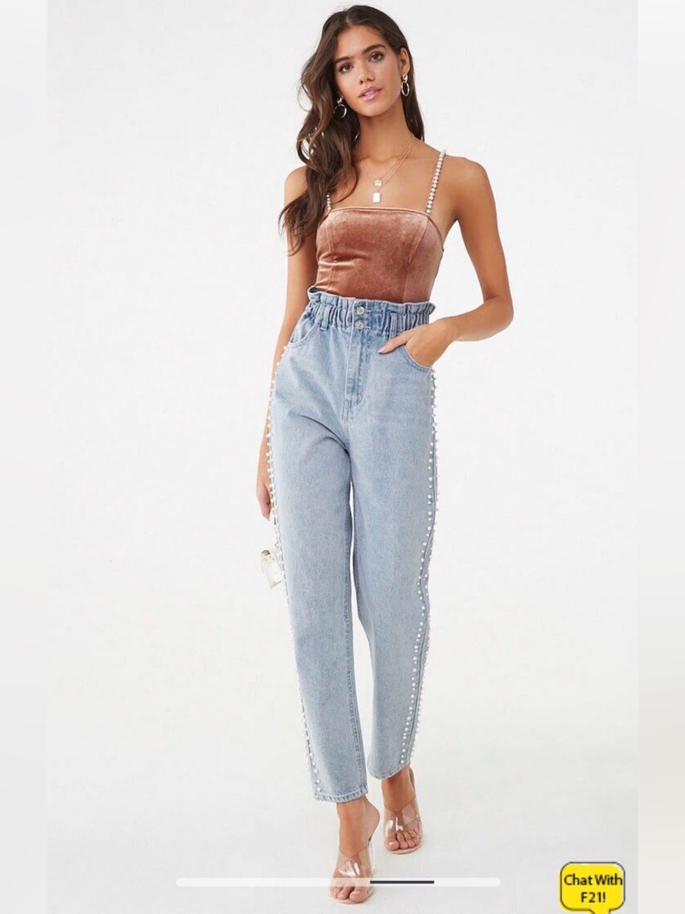 Forever 21 Faux Pearl Cami Strap Velvet Bodysuit in (COCOA) (M)